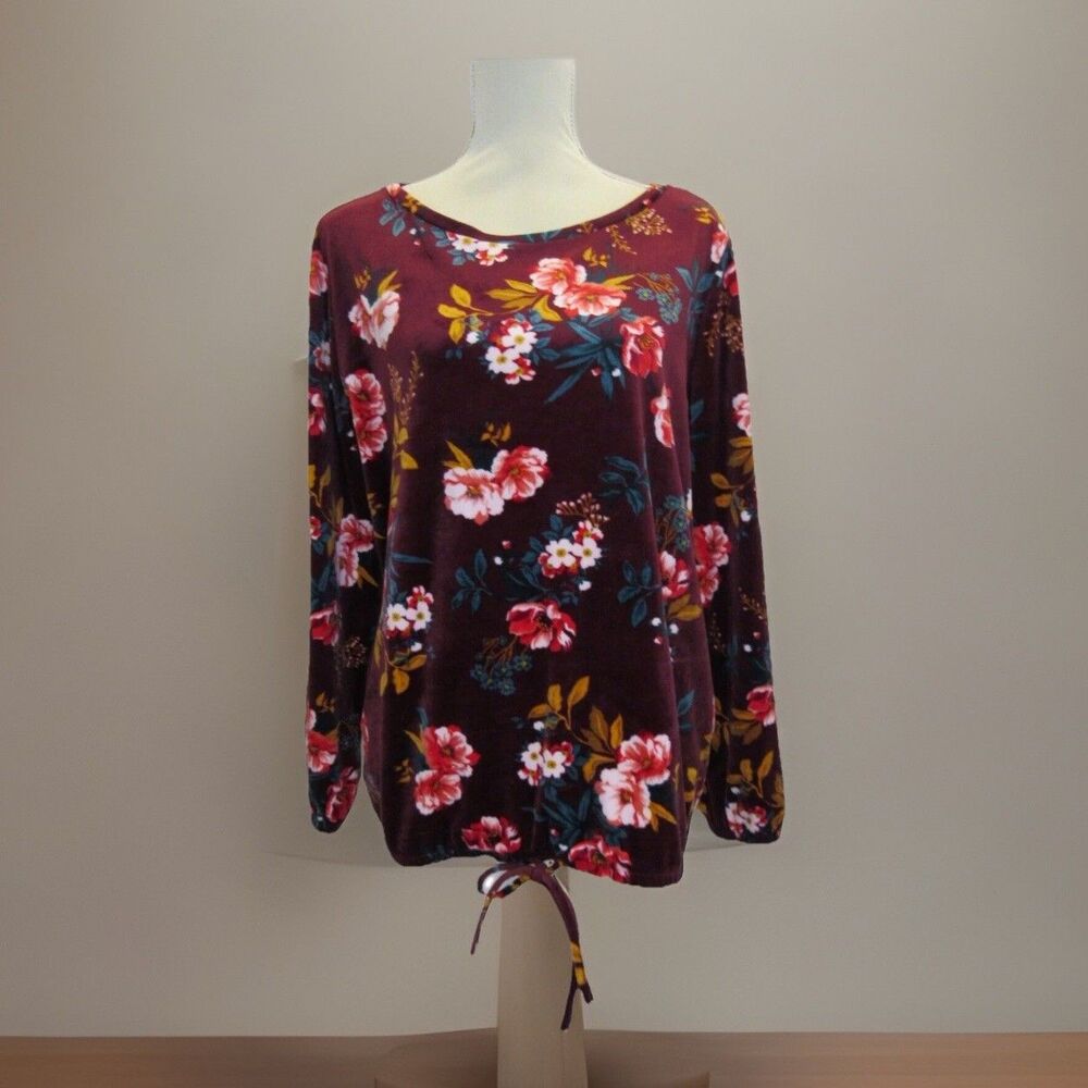 LOFT Floral Velour Drawstring Hem Burgundy Top Women's L